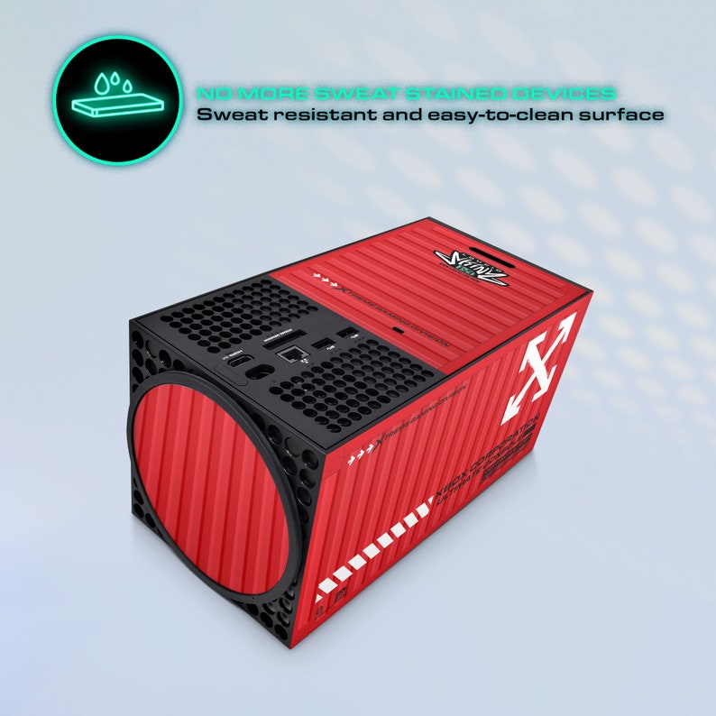 Puede incluir: Consola de juegos roja y negra con un logotipo X blanco y el texto "NO MORE SWEAT STAINED DEVICES" y "Sweat resistant and easy-to-clean surface".