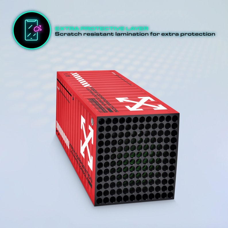 Puede incluir: Consola de juegos roja y blanca con un panel frontal negro que presenta una cuadr&iacute;cula de agujeros circulares. La consola est&aacute; dise&ntilde;ada para parecer un contenedor de env&iacute;o con el texto "OFF-WHITE CORPORATION LIMITED EDITION CONSOLE" impreso en el lateral.