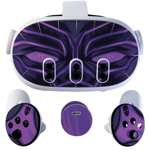 Easy-to-Apply Skin Sticker Kit compatible with Meta Quest 3 - Headset Black Panther Purple VR Accessories - Virtual Reality Protective Cover