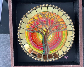 Original art painted autumn tree with mosaic mirror glass framed in wood