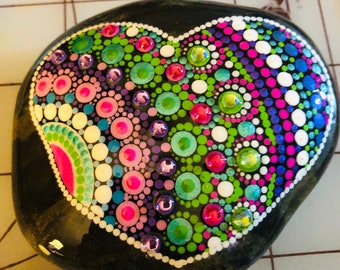 Mandala dot painted Heart Rock in green, pink, purple and white with crystals for sparkle, great for a Valentine gift or someone you love.