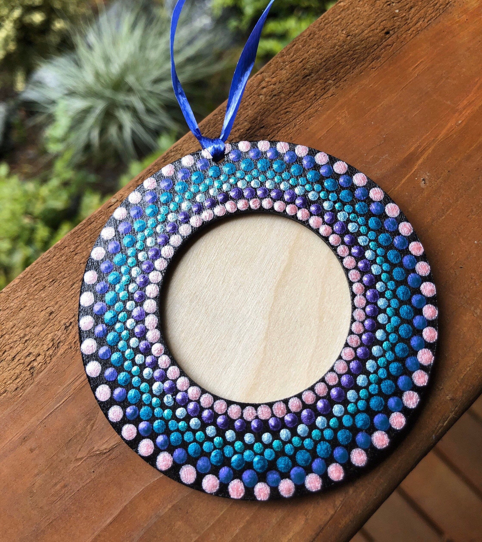 Round picture frame or ornament acrylic dot painted in wood in Etsy