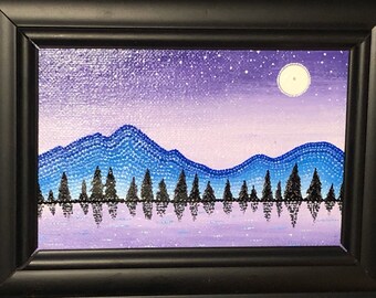 Moon over a Mountains acrylic framed wall art hand painted.