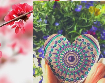 Mandala heart dot painted in acrylic metallic paint on resin heart, a magnet for your heart.