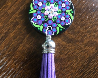 Hand painted necklace in mandala design and crystals in lavender, green, blue and white.