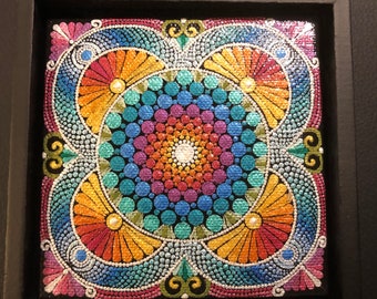 Framed hand painted abstract mandala dot acrylic painting full of color.