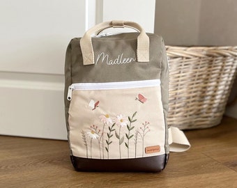 Children's backpack with flower meadow and butterflies, customizable