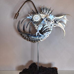 Metal Angler Fish Sculpture - Steampunk Scrap Metal Ocean Creature, Unique Nautical Table Decor