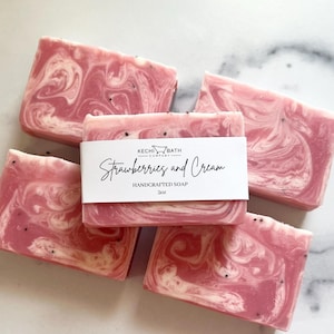Strawberries and Cream Artisan Soap, Thank you Gift, Handmade Fruity Strawberry Bar Soap, Handmade Soap Soap