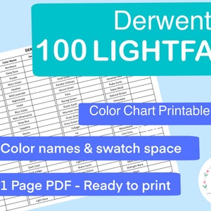 May include: Printable colour chart for Derwent 100 Lightfast pencils. The chart includes colour swatches and names for each colour. The chart is one page and ready to print.