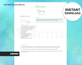 Recipe Sheet Salad Template, EDITABLE Recipe Book and Binder Template, 8.5x11 Printable, Digital Food Planner Cookbook, Original