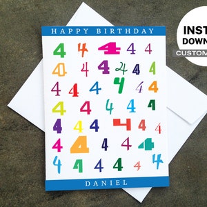 Printable Personalized Birthday Card - Make Your Own Cards at Home, Instant Download, DIY Card, Colorful 4 Year Birthday Design