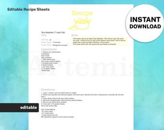 Recipe Sheet Appetizer Template, EDITABLE Recipe Sheets, Recipe Binder, 8.5x11 Printable Original, Food Planner Cookbook