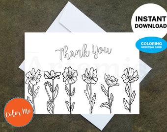 Printable Coloring Daisy Thank You Card - Make Your Own Cards at Home, Instant Download, DIY Card, Daisy Design