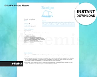 Recipe Sheet Main Dish Template, EDITABLE Recipe Book and Binder Template, 8.5x11 Printable, Digital Food Planner Cookbook, Original