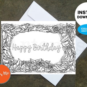 Printable Coloring Birthday Floral Border Card - Make Your Own Cards at Home, Instant Download, DIY Card, Floral Border Design
