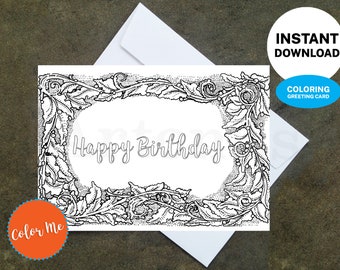 Floral Birthday Card – Printable Coloring Page, DIY Design (PDF)