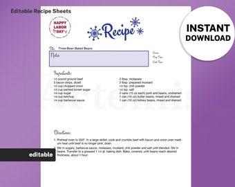Recipe Sheet Labor Day Holiday Template, EDITABLE Recipe Book and Binder Template, 8.5x11 Printable, Digital Food Planner Cookbook