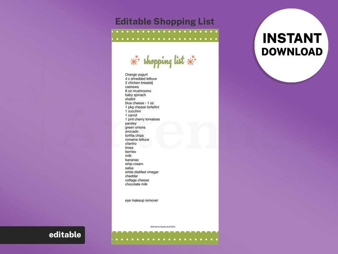 Holiday Weekly Shopping List Template, EDITABLE Grocery List, Food