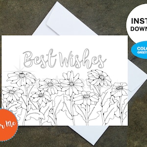 Afdrukbare kleuren Beste wensen Lazy Susan Card - Maak uw eigen kaarten thuis, Instant Download, DIY-kaart, Beste wensen bloemmotief