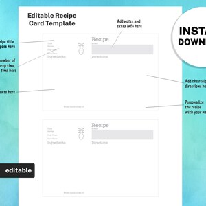 Rezept Karte Verschiedenes Vorlage, EDITIERBARE Rezeptbuch und Binder Vorlage, 8,5x11 druckbar, Digital Food Planner Kochbuch, Original