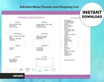 Weekly Meal Planner Shopping List Template, Digital Food Planner, EDITABLE Menu and Grocery List, 8.5x11 Printable, Original