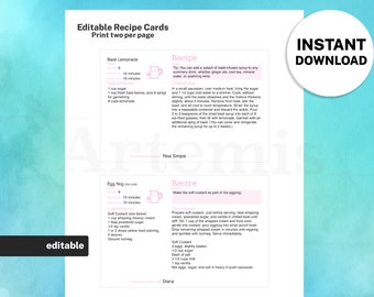 Recipe Card Beverage Template, EDITABLE Recipe Book and Binder Template, 8.5x11 Printable, Digital Food Planner Cookbook,