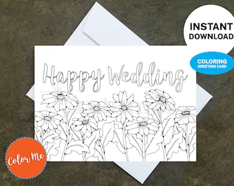 Floral Wedding Coloring Card – DIY Printable Card (Digital Download)