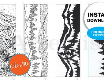 Color Your Own Printable Bookmarks, Mountain Horizon Hand Drawn, Set of 4, Instant Download