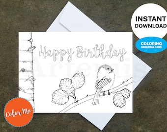 Printable Birthday Bird Card – DIY Coloring Card (Instant Download)