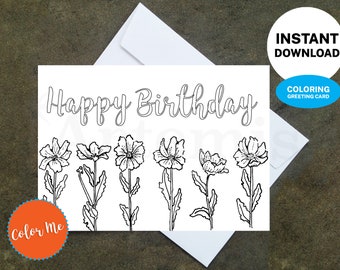 Printable Coloring Birthday Daisy Card - Make Your Own Cards at Home, Instant Download, DIY Card, Daisy Design