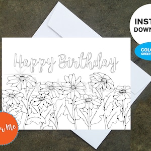 Carte imprimable de marguerite d'anniversaire de coloration - faites vos propres cartes à la maison, téléchargement immédiat, carte de DIY, conception florale