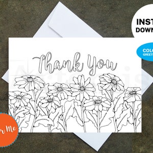 Printable Coloring Thank You Lazy Susan Card - Make Your Own Cards at Home, Instant Download, DIY Card, Thank You Floral Design