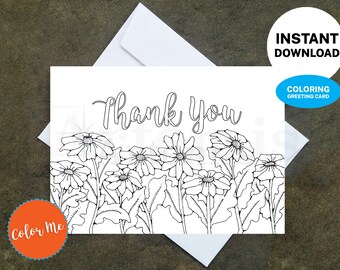 Printable Floral Thank You Coloring Card – DIY Craft (Digital Download)