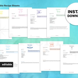Complete Set of Recipe Sheet Templates Bundle, EDITABLE Recipe Book and Binder Template, 8.5x11 Printable Original