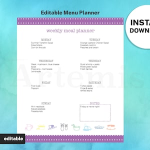 Weekly Meal Planner Template, Digital Food Planner Kit, EDITABLE Menu List,  8.5x11 Printable, Original