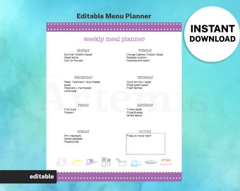 Weekly Meal Planner Template, Digital Food Planner Kit, EDITABLE Menu List,  8.5x11 Printable, Original