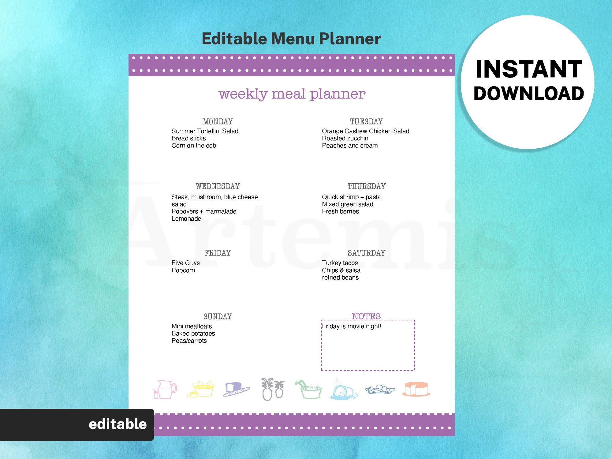 Weekly Meal Planner Template, Digital Food Planner Kit, EDITABLE Menu List,  8.5x11 Printable, Original