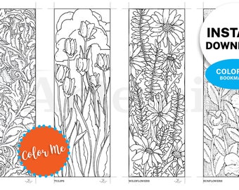 Color Your Own Printable Bookmarks, Floral Fernwood Hand Drawn, Set of 4, Instant Download