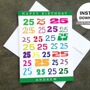 Printable Personalized Birthday Card - Make Your Own Cards at Home, Instant Download, DIY Card, Colorful 25 Year Birthday Design