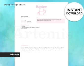 Recipe Sheet Beverage Template, EDITABLE Recipe Book and Binder Template, 8.5x11 Printable, Digital Food Planner Cookbook, Original