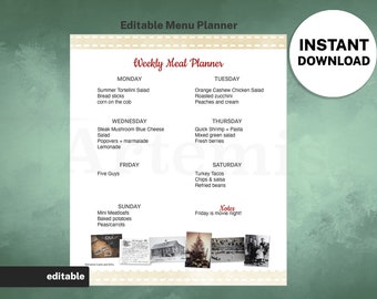 Plantilla de planificador de comidas semanal, menú familiar editable (descarga digital)