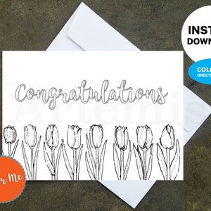 Colorazione stampabile con biglietto tulipano di congratulazioni: crea i tuoi biglietti a casa, download istantaneo, biglietto fai da te, design tulipano