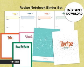 Complete Set of Mid-Century Retro Recipe Binder Templates Bundle, EDITABLE Recipe Book, Cards, Sheets, Dividers, 8.5x11 Printable Retro