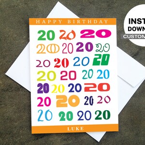 Tarjeta de cumpleaños personalizada imprimible: crea tus propias tarjetas en casa, descarga instantánea, diseño DIY, diseño colorido para 20 años