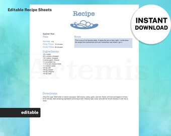 Recipe Sheet Side Dish Template, EDITABLE Recipe Book and Binder Template, 8.5x11 Printable, Digital Food Planner Cookbook, Original