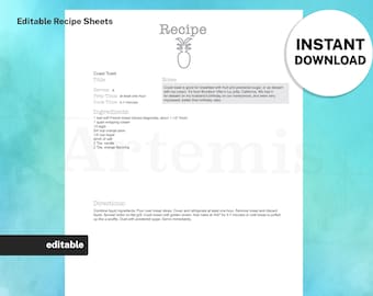 Recipe Sheet Miscellaneous Template, EDITABLE Recipe Book, Recipe Sheets, Recipe Binder, 8.5x11 Printable Original, Food Planner Cookbook