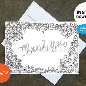Printable Coloring Thank You Card - Make Your Own Cards at Home, Instant Download, DIY Card, Floral Design