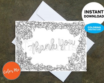 Floral Coloring Thank You Card – DIY Printable Card (Instant Download)