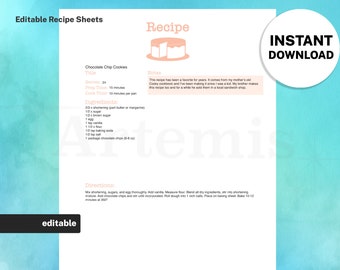 Recipe Sheet Dessert Template, EDITABLE Recipe Book and Binder Template, 8.5x11 Printable, Digital Food Planner Cookbook, Original